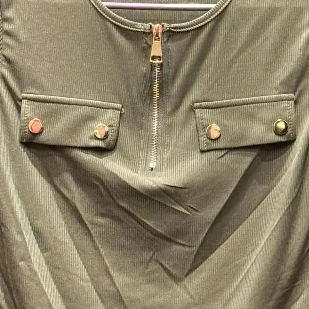 SHEIN Khaki Short Sleeve Tee with Front Zipper - Picture 3 of 4